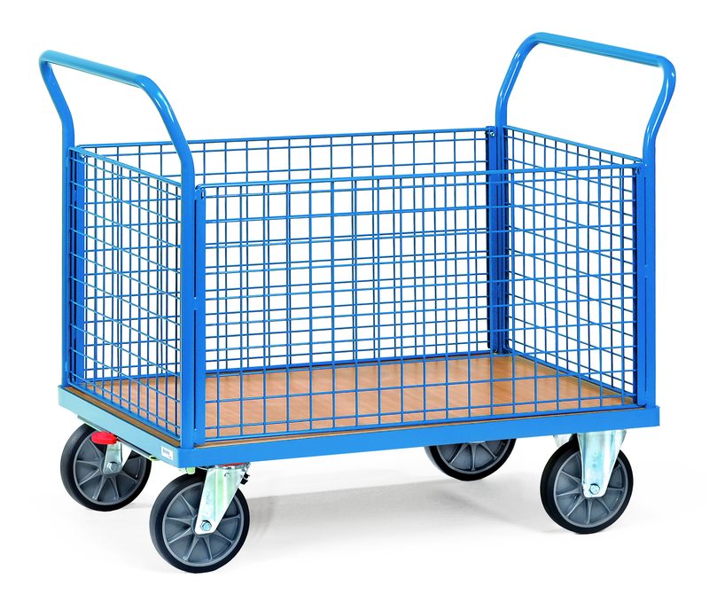 Chariot bleu à plateforme et parois grillagées sur quatre roues.