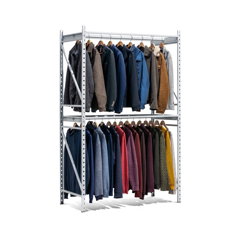 Penderie métallique à deux niveaux pour suspendre vestes et pulls sur cintres.